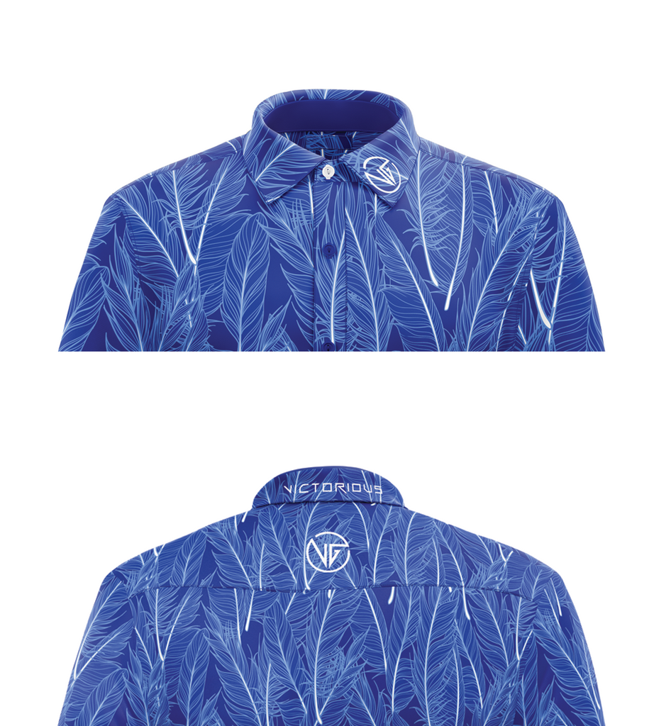 Close-up of Eagle Feathers golf shirt collar and intricate feather artistic details