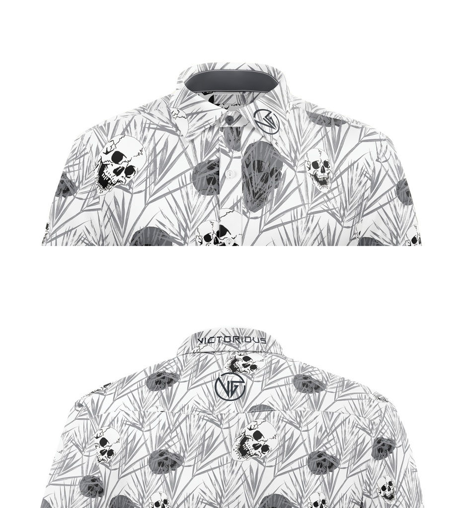 Close-up of Power of Grey Skull golf shirt collar and skull artistic details