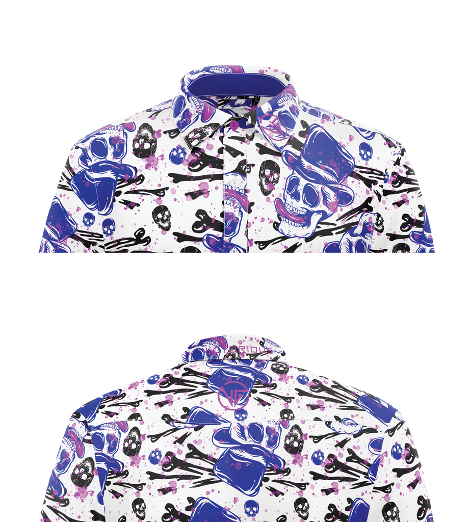 Close-up of The VooDoo Doctor golf shirt collar and mystical artistic details