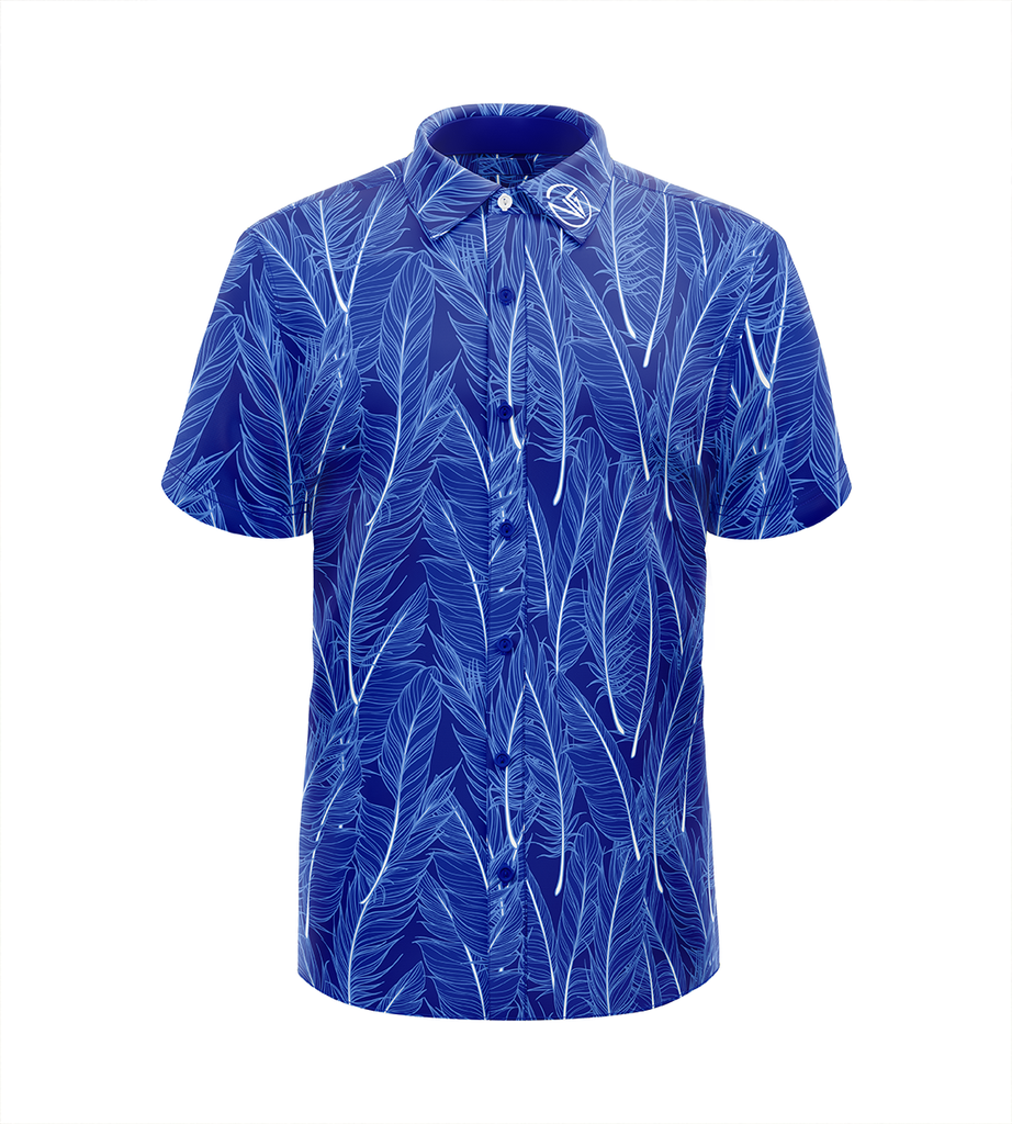 Eagle Feathers luxury button-down golf shirt front view with hand-designed nature-inspired feather artwork
