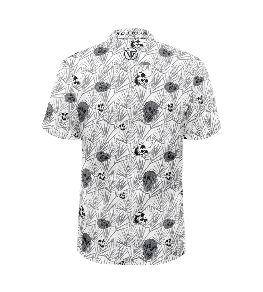 Power of Grey Skull golf shirt back view showing performance fabric and button-down design