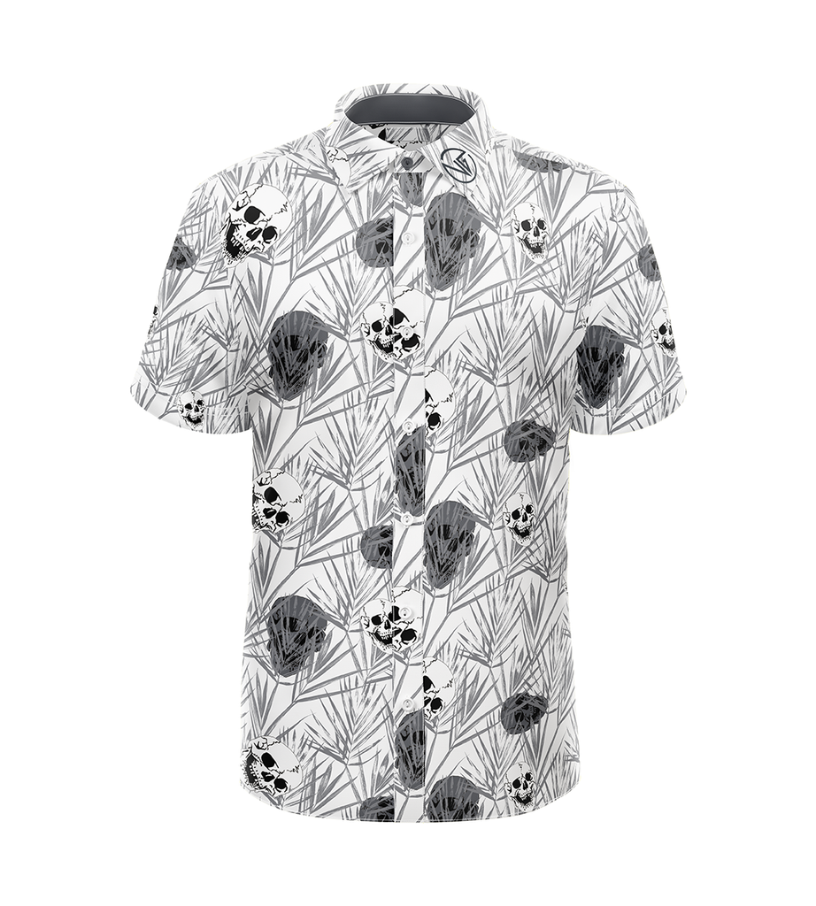 Power of Grey Skull luxury button-down golf shirt front view with bold hand-designed skull artwork
