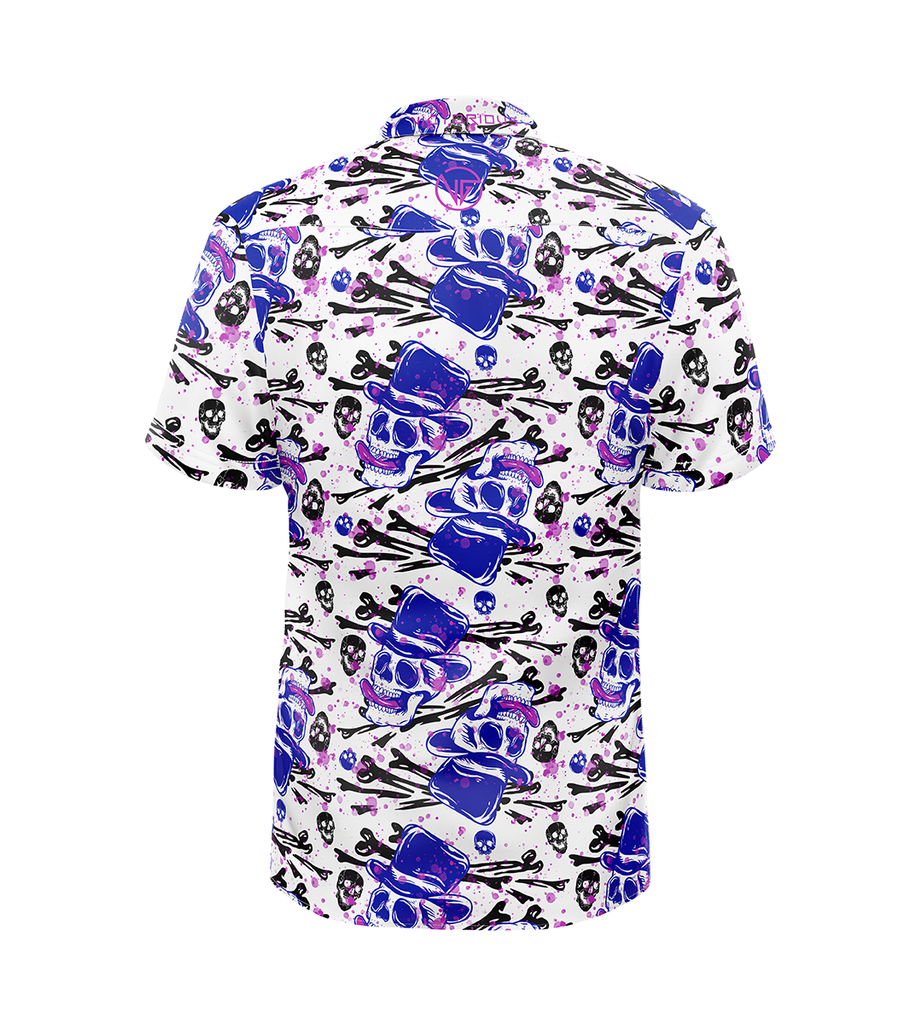 The VooDoo Doctor golf shirt back view showing performance fabric and button-down design