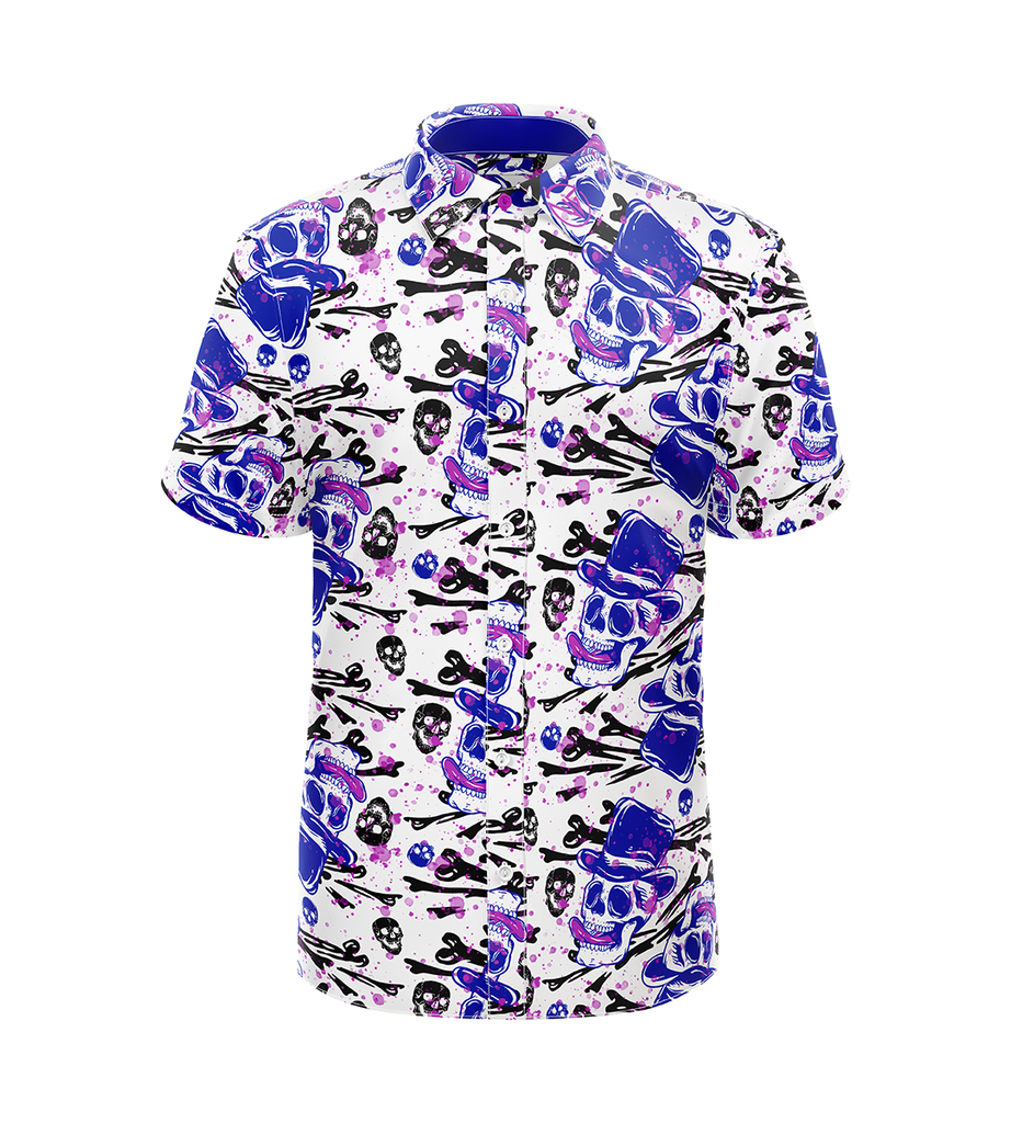 The VooDoo Doctor luxury button-down golf shirt front view with mystical hand-designed artwork